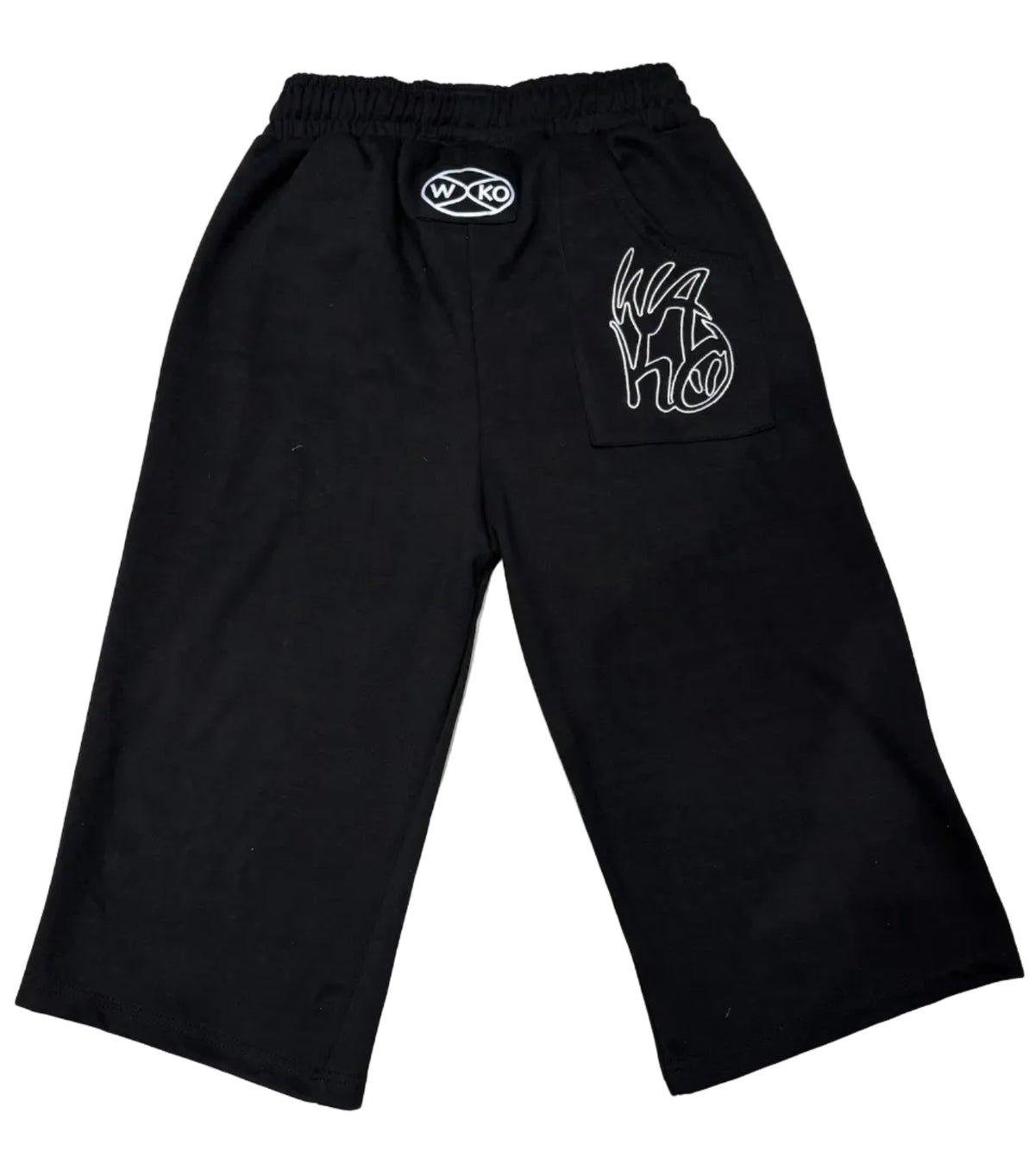 WAKO black cropped lounge shorts featuring a rear pocket graphic and embroidered waistband logo patch