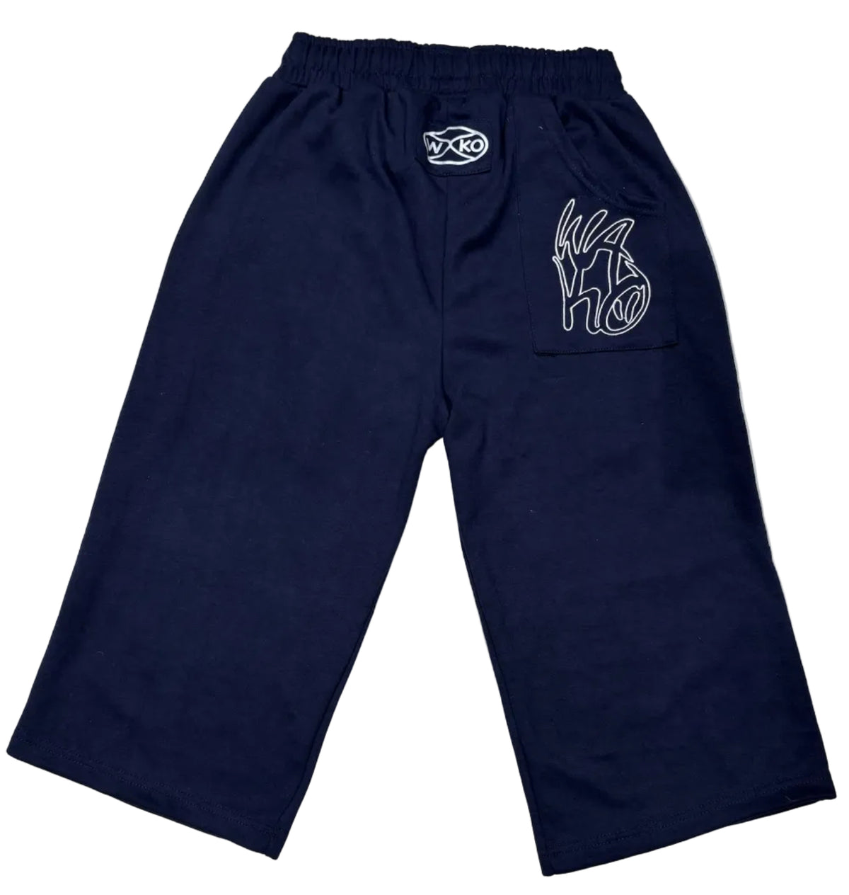 WAKO navy cropped lounge shorts with white embroidered logo patch and stylized graphic on the rear pocket