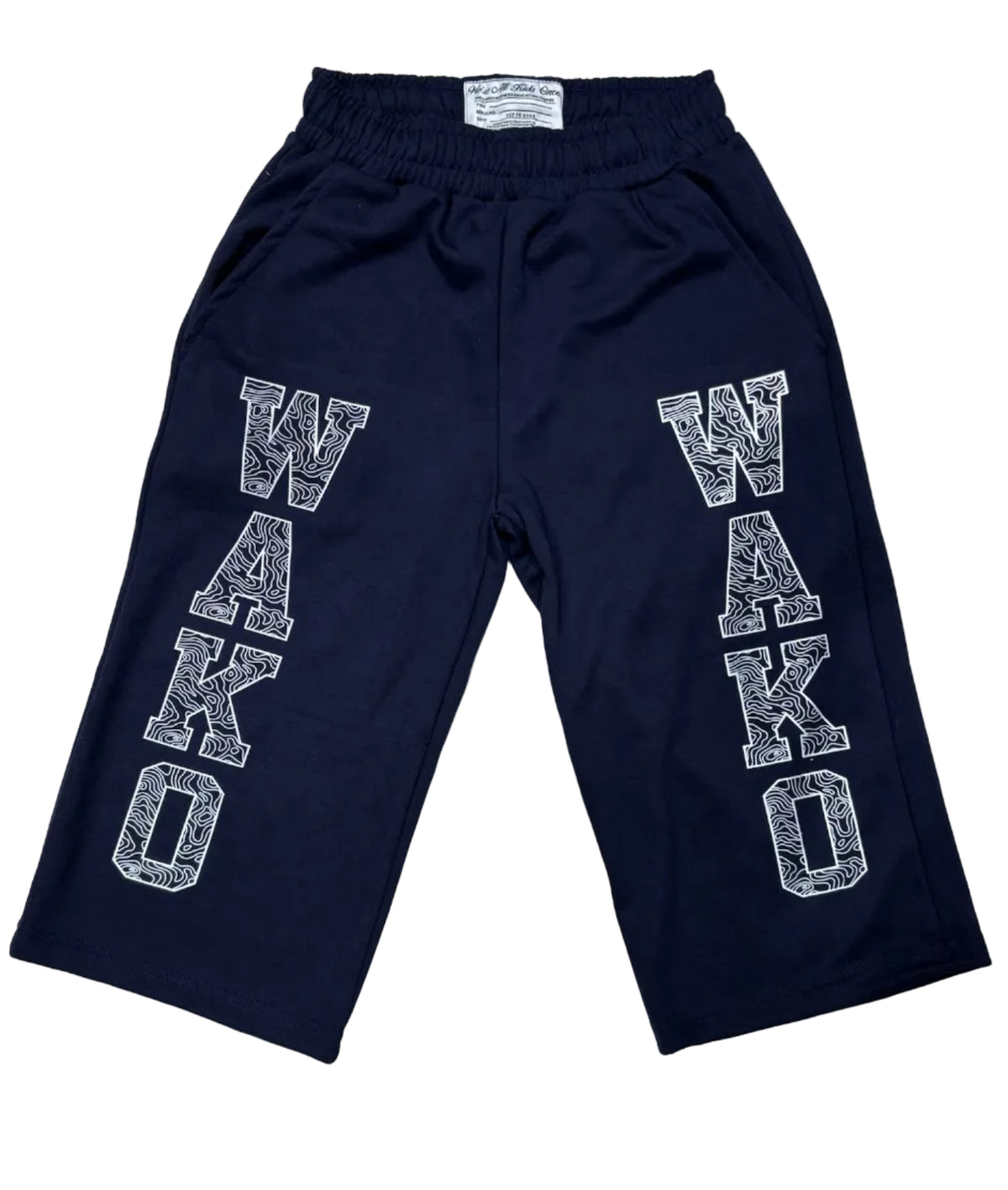WAKO navy cropped lounge shorts with white topographic graphic print lettering on the legs and elastic waistband