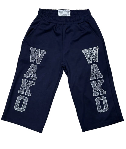 WAKO navy cropped lounge shorts with white topographic graphic print lettering on the legs and elastic waistband